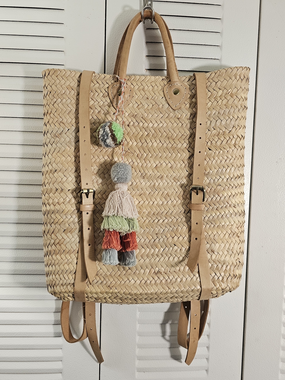 Woven Straw Tote Backpack with Leather Trim and Tassel - Natural